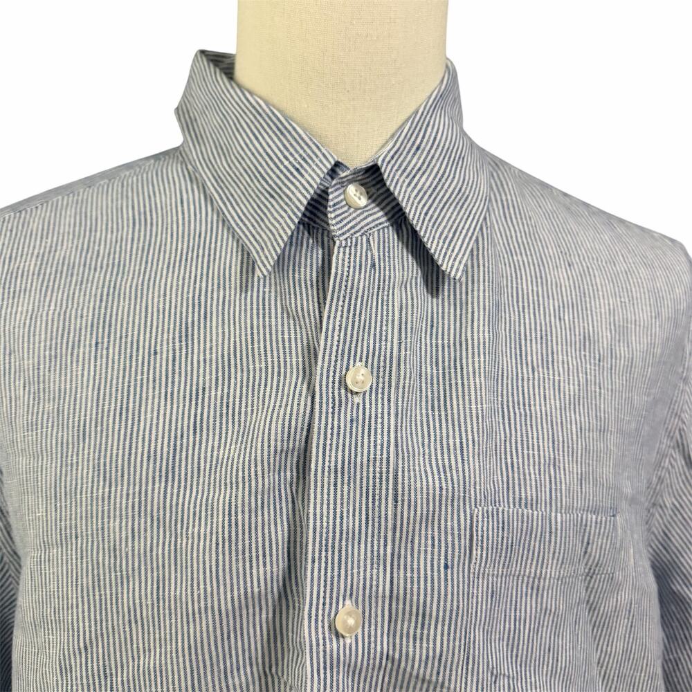 L.L. Bean Men's Blue White Stripe 100% Linen Slightly Fitted Button Down Sz L